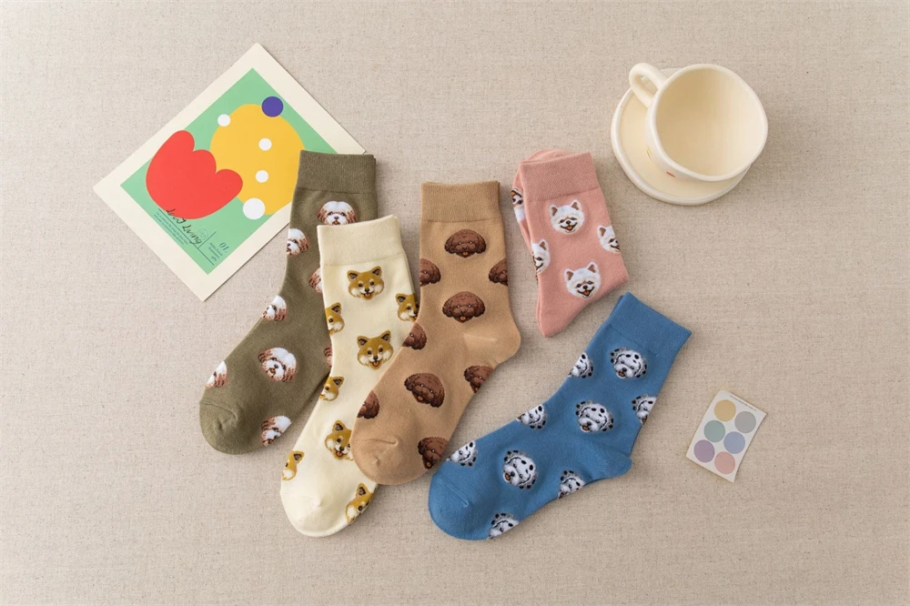 New Cute Cartoon Dog Middle Tube Socks Japanese Ins Creative Female Sokken Shiba Inu Dalmatian Malzis Teddy Pomeranian Dropship