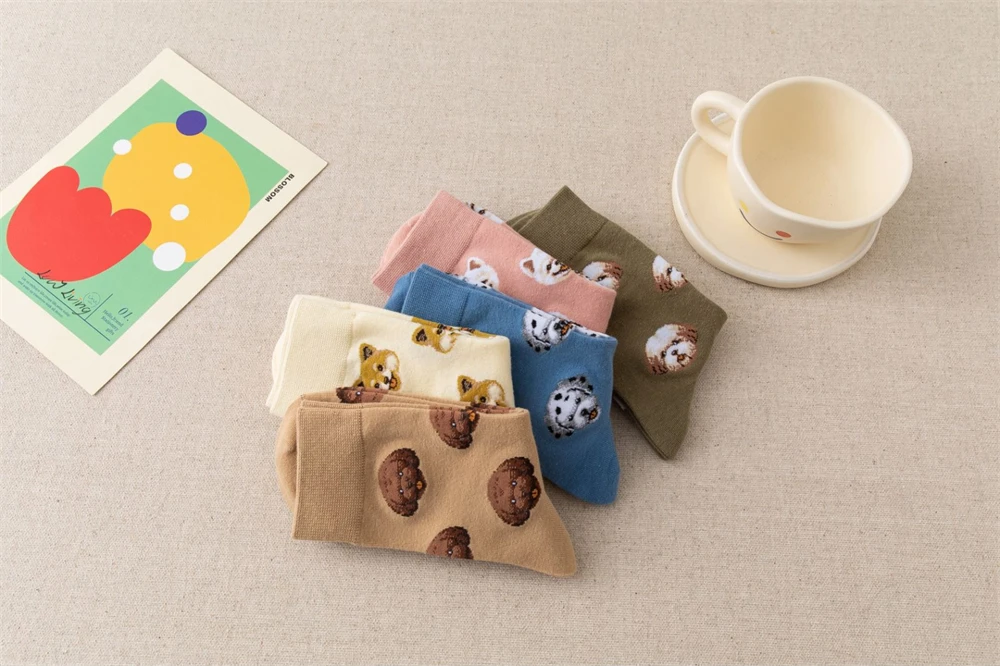 New Cute Cartoon Dog Middle Tube Socks Japanese Ins Creative Female Sokken Shiba Inu Dalmatian Malzis Teddy Pomeranian Dropship