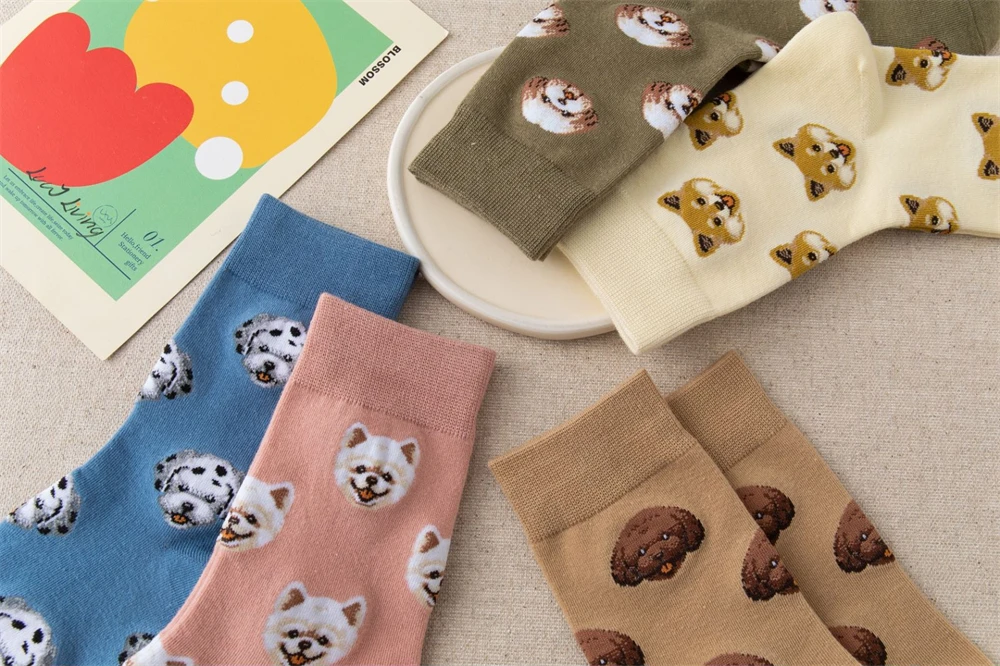 New Cute Cartoon Dog Middle Tube Socks Japanese Ins Creative Female Sokken Shiba Inu Dalmatian Malzis Teddy Pomeranian Dropship