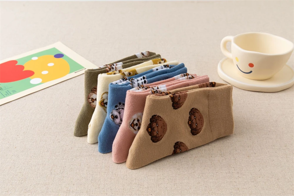 New Cute Cartoon Dog Middle Tube Socks Japanese Ins Creative Female Sokken Shiba Inu Dalmatian Malzis Teddy Pomeranian Dropship