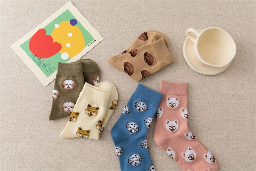 New Cute Cartoon Dog Middle Tube Socks Japanese Ins Creative Female Sokken Shiba Inu Dalmatian Malzis Teddy Pomeranian Dropship