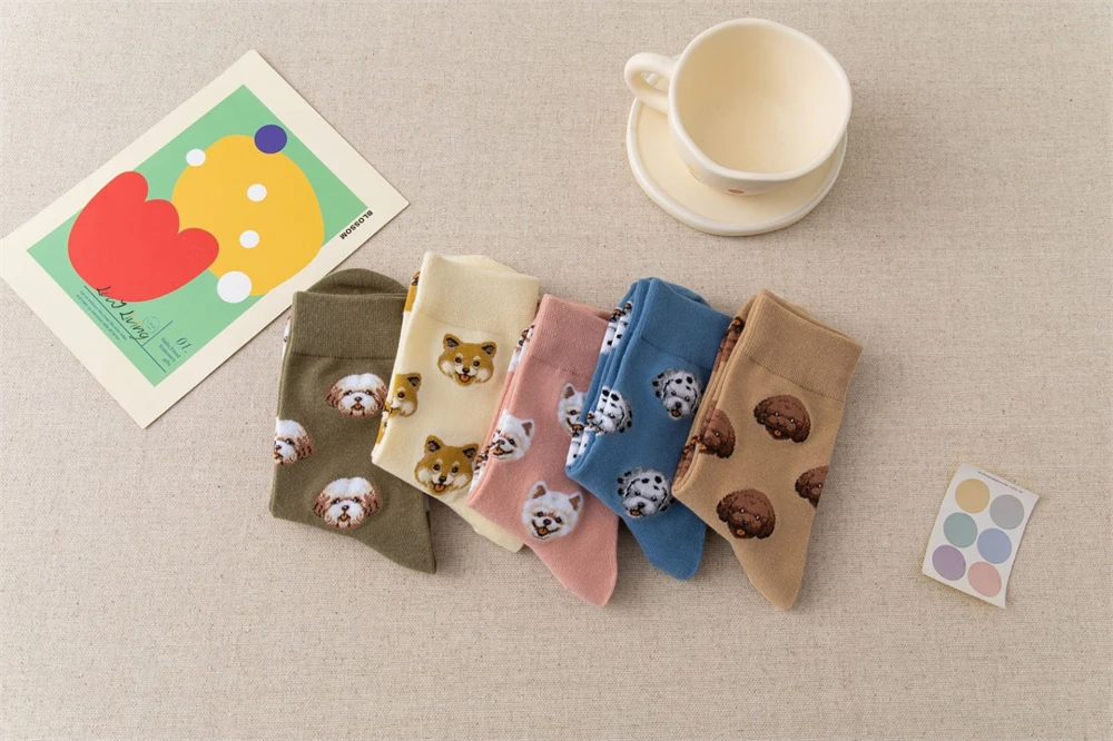 New Cute Cartoon Dog Middle Tube Socks Japanese Ins Creative Female Sokken Shiba Inu Dalmatian Malzis Teddy Pomeranian Dropship