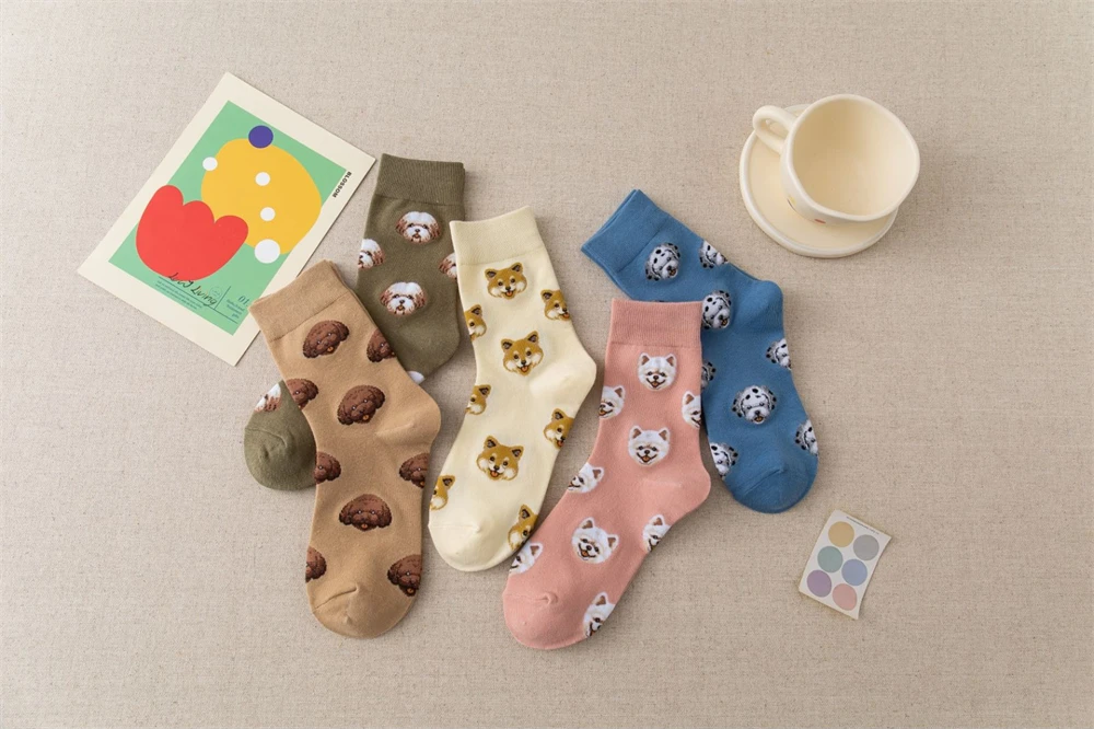 New Cute Cartoon Dog Middle Tube Socks Japanese Ins Creative Female Sokken Shiba Inu Dalmatian Malzis Teddy Pomeranian Dropship