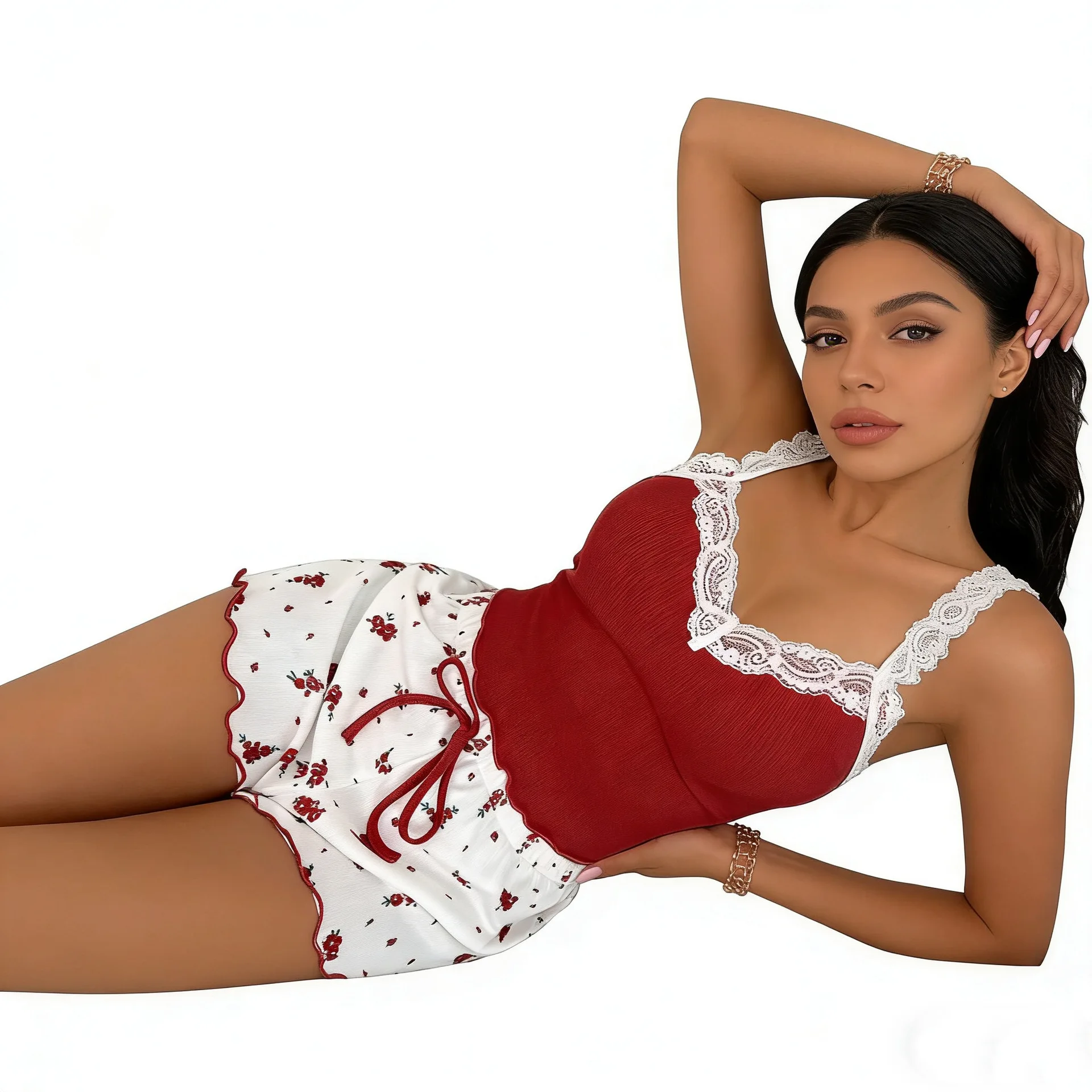 2026 Women's Sexy Lace Camisole Vest Shorts Sleepwear Women's Slim Fit Two-Piece Home Outfit New Product Pink Coffee Blue