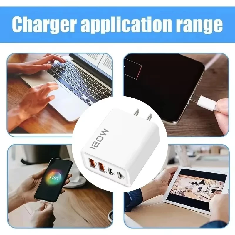Total 120W Fast Charger USB Type C Cable Fast Charging Phone Power Adapter For iPhone Xiaomi Samsung Quick Charge Wall Charger
