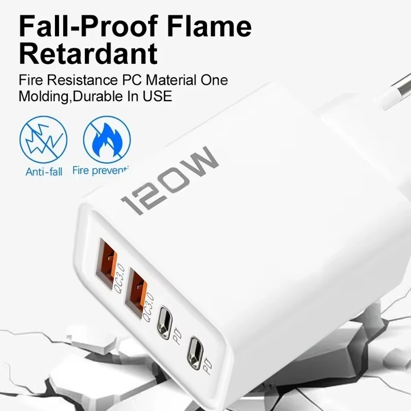 Total 120W Fast Charger USB Type C Cable Fast Charging Phone Power Adapter For iPhone Xiaomi Samsung Quick Charge Wall Charger
