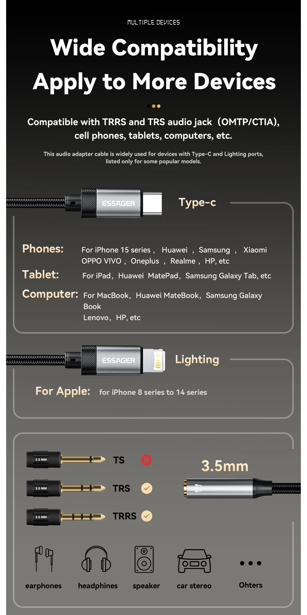 Essager Lighting to 3.5mm Jack Audio Adapter Headphone Aux Cable USB Type C to 3.5 Adapter OTG Type C For iPhone Xiaomi OnePlus