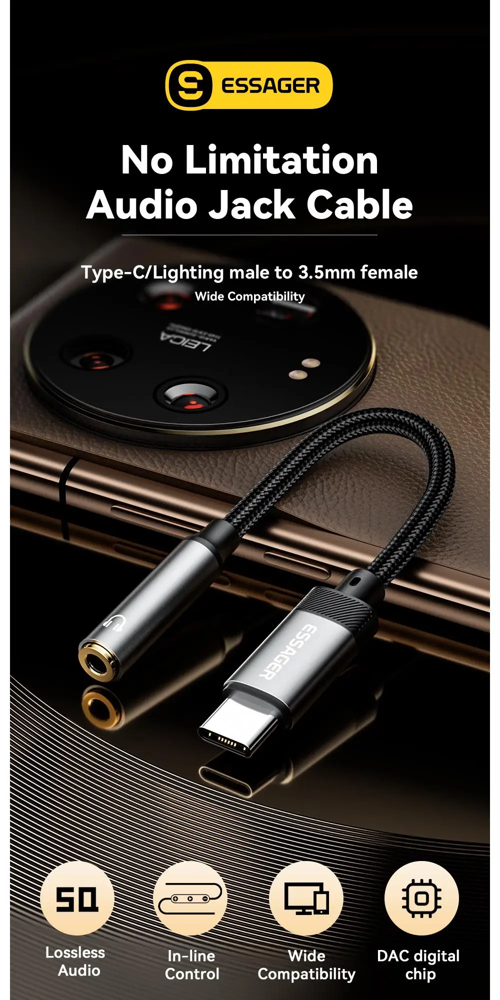 Essager Lighting to 3.5mm Jack Audio Adapter Headphone Aux Cable USB Type C to 3.5 Adapter OTG Type C For iPhone Xiaomi OnePlus