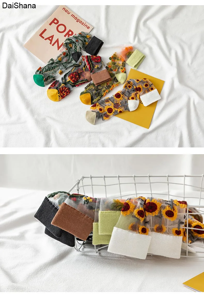2021 New Product  High Quality Women Socks Harajuku Crystal Slik Tide Socks Funny Sunflowers Vines Flowers Happy Cute Socks