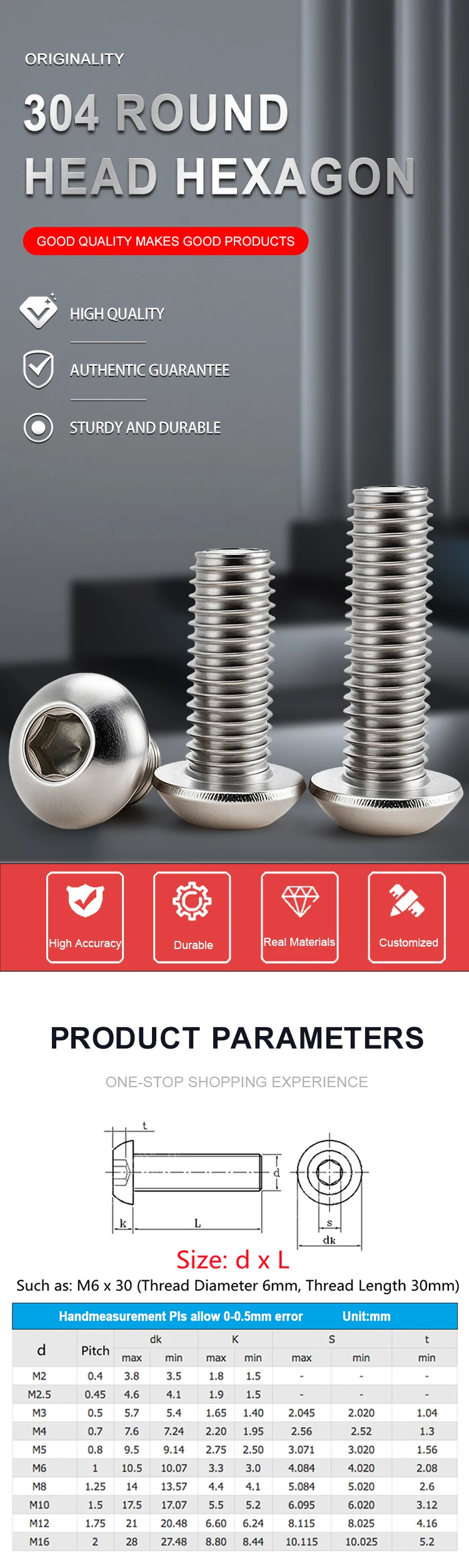 304 Stainless Steel Hex Screw ISO7380 Hexagon Socket Allen Bolts Metal Machine Threaded Screws M2 M2.5 M3 M4 M5 M6 M8 M10 M12