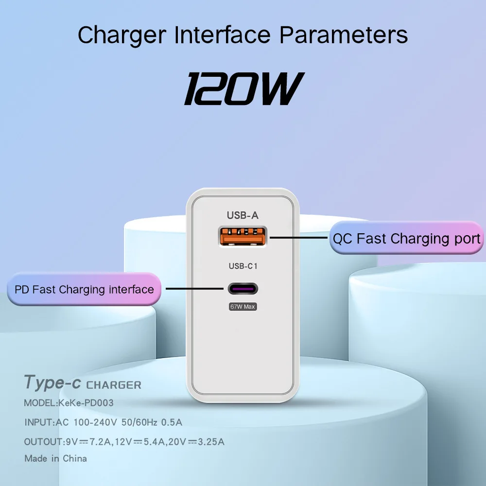 120W USB Fast Charger With Type C Cable Fast Charging Adapter For iPhone 16 Samsung Xiaomi Huawei PD Cell Phones Quick Charger