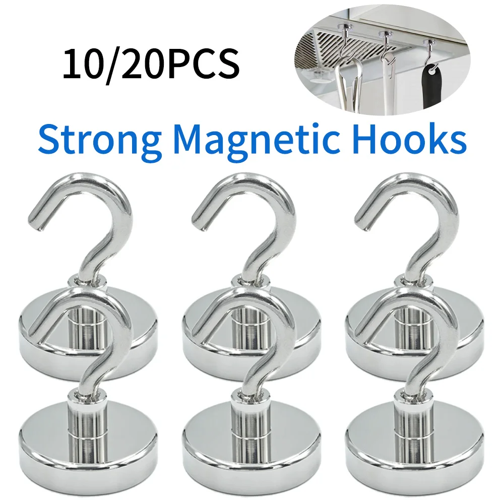 10/20Pcs Super Strong Neodymium Powerful Magnetic Hooks Ring Metal Magnet with Curved Hook Hanger for Hanging,Fridge,Wall,Key