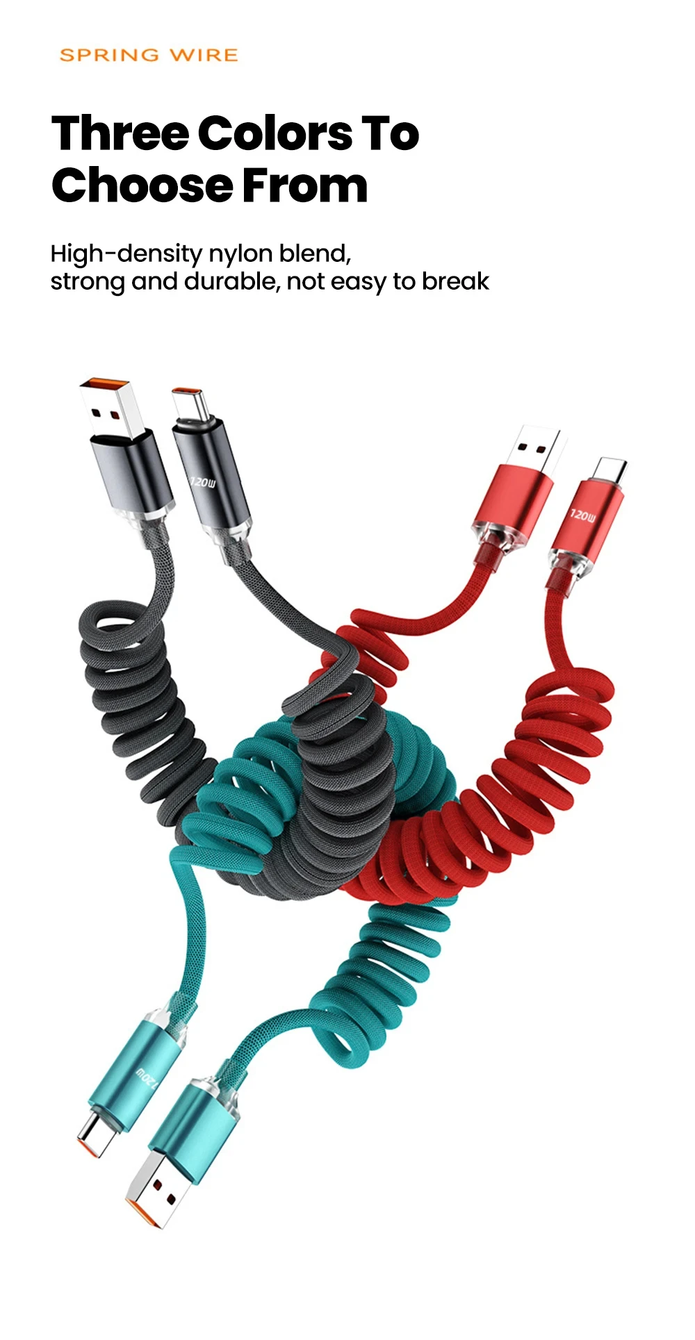 NNBILI 120W Car USB A to Type C Fast Charging For Honor Xiaomi Huawei Type C To Type C Spring Telescopic Cable For iPhone 18 17