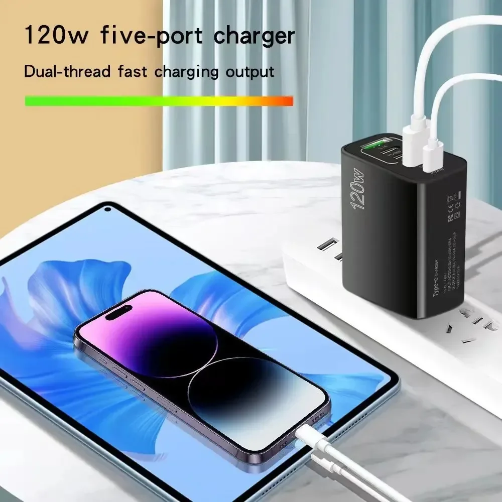 Multi Ports USB C Charger 120W PD Type C Fast Wall Charger EU/US/UK Plug for iPhone Samsung Xiaomi Huawei Mobile Phone Adapter