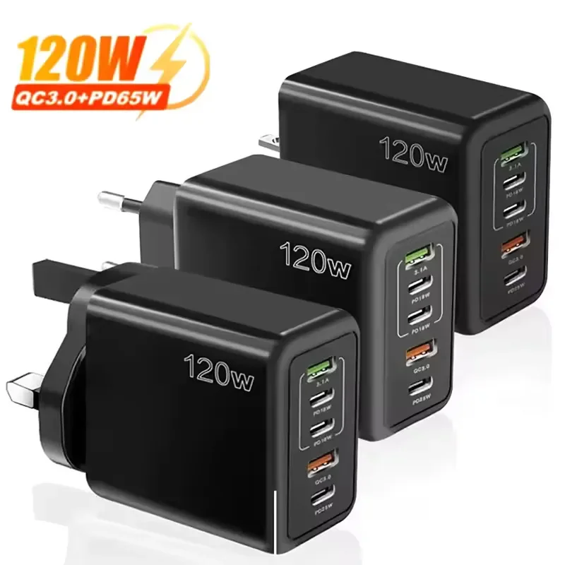 Multi Ports USB C Charger 120W PD Type C Fast Wall Charger EU/US/UK Plug for iPhone Samsung Xiaomi Huawei Mobile Phone Adapter
