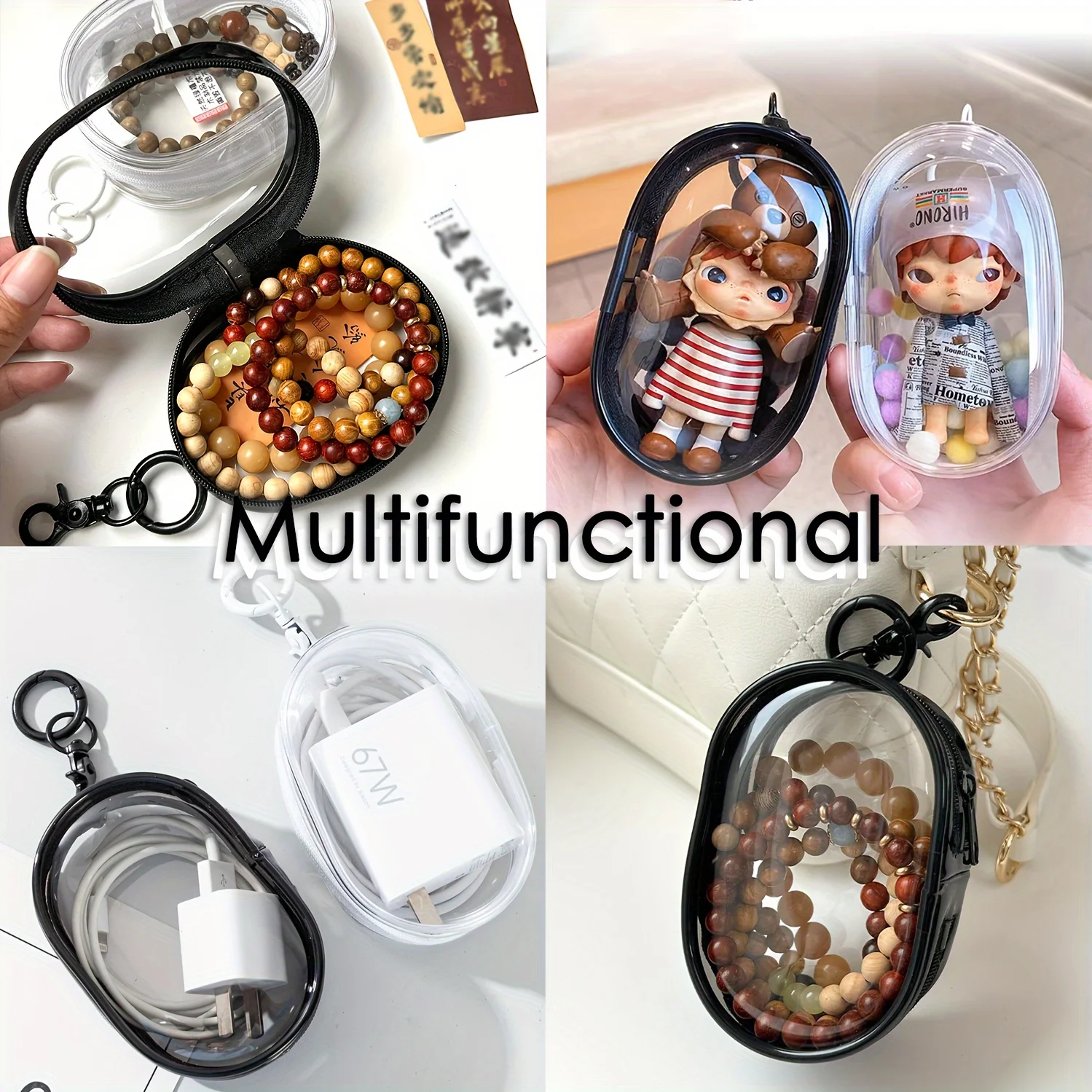 Portable Mini Clear Zipper Storage Bag - Space-Saving Organizer for Earphones & Chargers, Versatile with Handy Keychain Loop