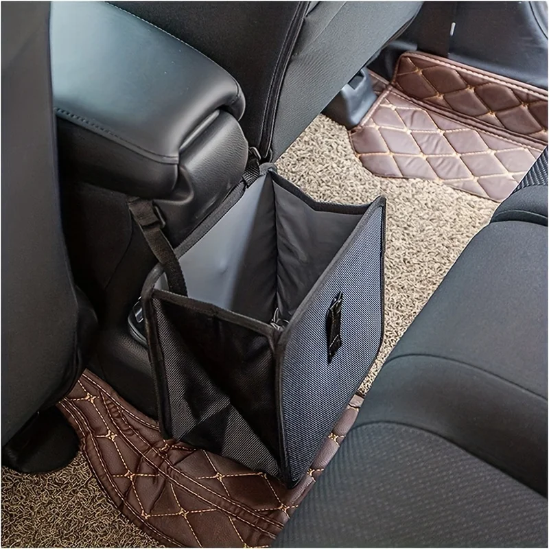 1pc Durable polyester fiber car trash can - Multi-functional folding hanging storage bag, zipper compartment, practical design