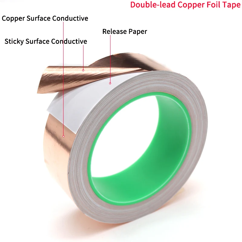 20m Doubel Side Conductive Copper Foil Tape Adhesive Strip Heat Shield Eliminate EMI Anti-static Repair Tape 0.05mm Thickness