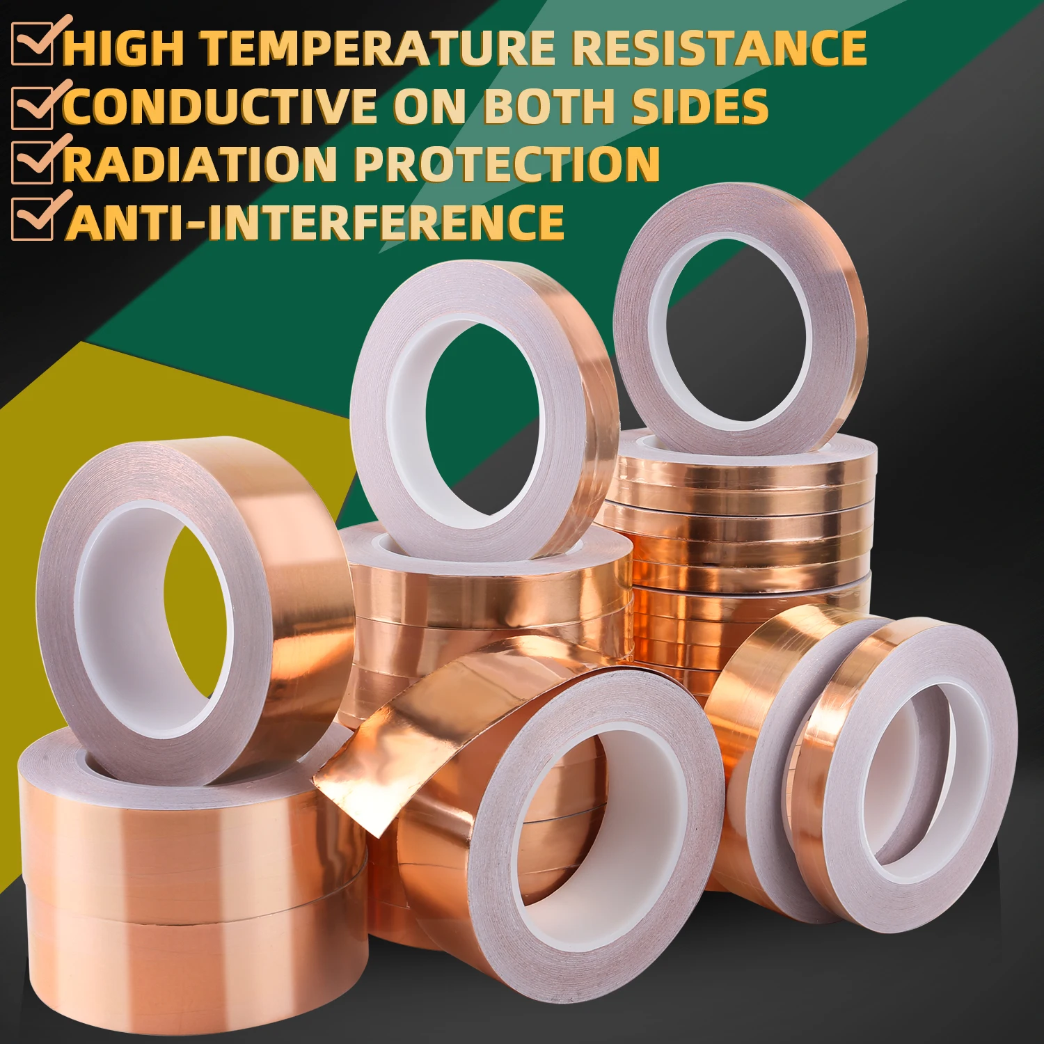 20m Doubel Side Conductive Copper Foil Tape Adhesive Strip Heat Shield Eliminate EMI Anti-static Repair Tape 0.05mm Thickness