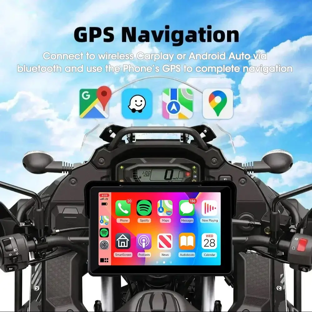 Jansite 5/7 inch Carplay Motorcycle DVR Navigation GPS Wireless CarPlay Android Auto IPX7 Display Screen Portable Moto Monitor