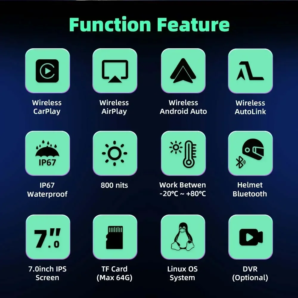 Jansite 5/7 inch Carplay Motorcycle DVR Navigation GPS Wireless CarPlay Android Auto IPX7 Display Screen Portable Moto Monitor