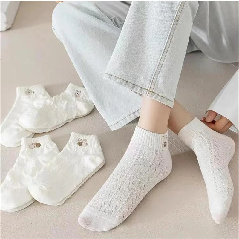 5pairs Women Socks Spring Summer Cute Bear Rabbit Rainbow Print Ankle Socks Casual Short Socks