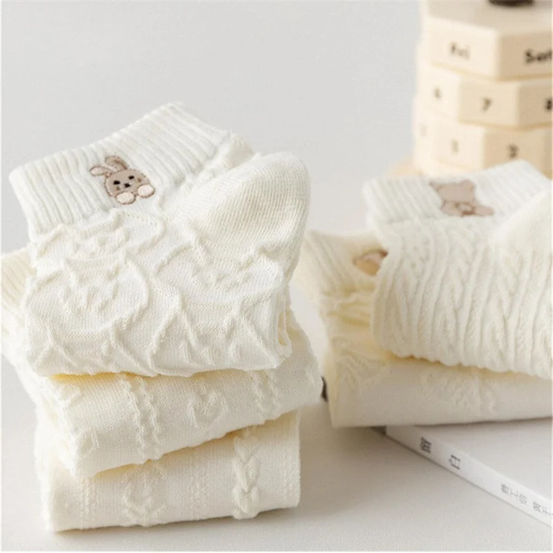 5pairs Women Socks Spring Summer Cute Bear Rabbit Rainbow Print Ankle Socks Casual Short Socks