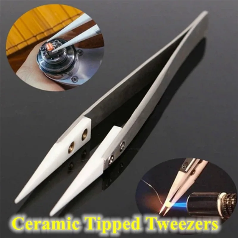 1200° Ceramic Tipped Stainless Steel Tweezers Tips Heat Pointed Resistant Tweezer Electronic Soldering Tweezers Fine Pointed Tip