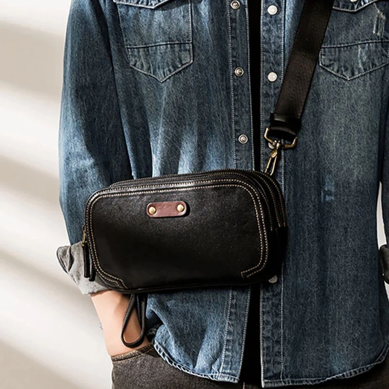 AETOO Genuine Leather Men's Chest Bag Messenger Bag Shoulder Bag Casual First Layer Cowhide Waist Bag Trendy Men's Bag