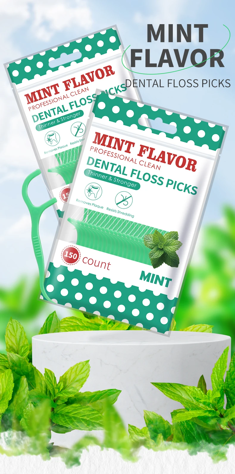 300/150/50pcs Mint Floss Stick - Disposable Floss Cleaning Stick - Toothpick to Remove Plaque and Food Residue - Oral Cleaning