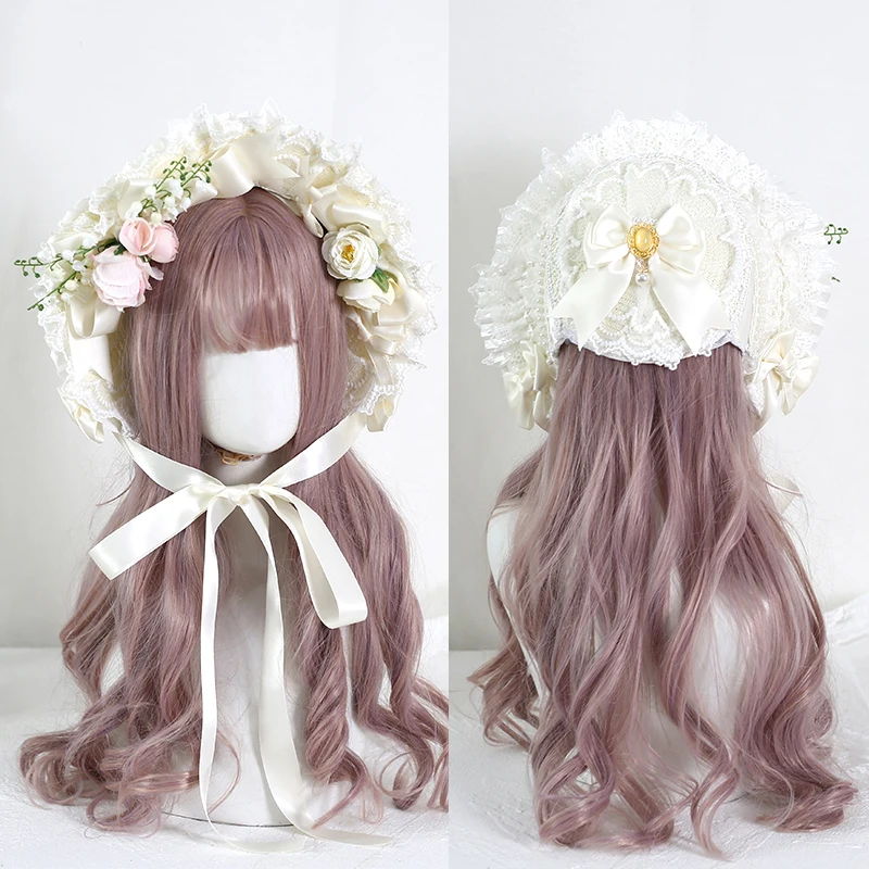 Vintage Victorian Lace Flowers Straw Hat Lolita Girl Bonnet Ruffled Cap Lace-up Adjustable
