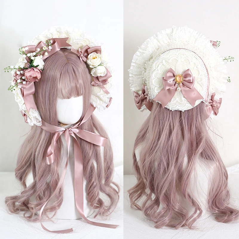 Vintage Victorian Lace Flowers Straw Hat Lolita Girl Bonnet Ruffled Cap Lace-up Adjustable