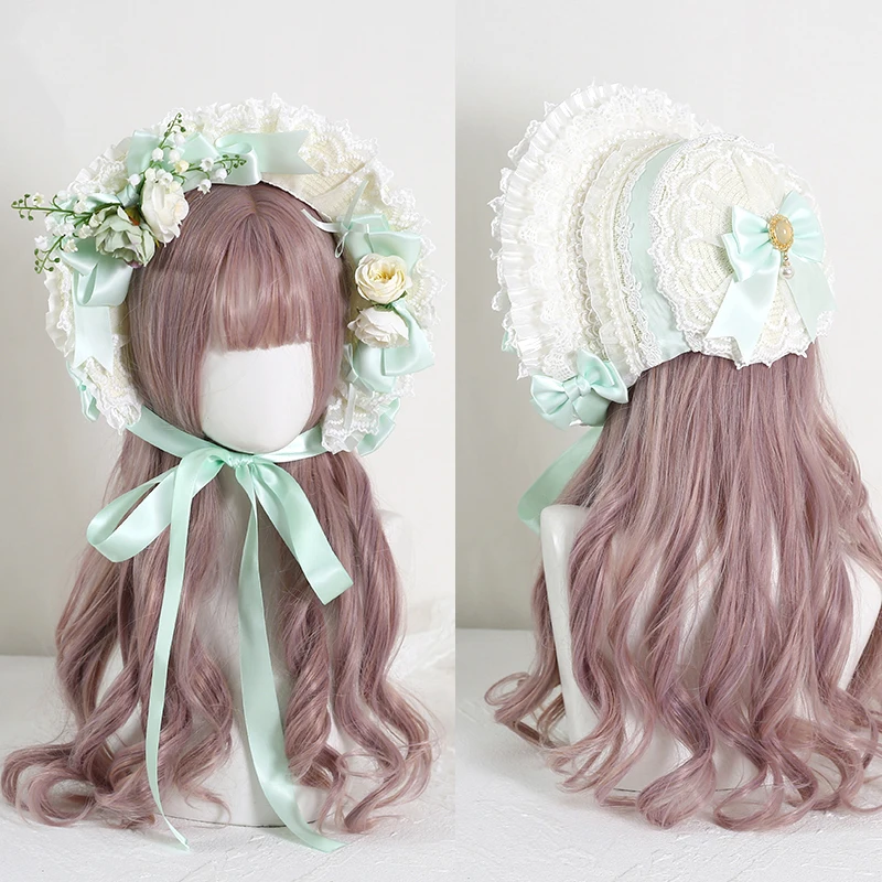 Vintage Victorian Lace Flowers Straw Hat Lolita Girl Bonnet Ruffled Cap Lace-up Adjustable