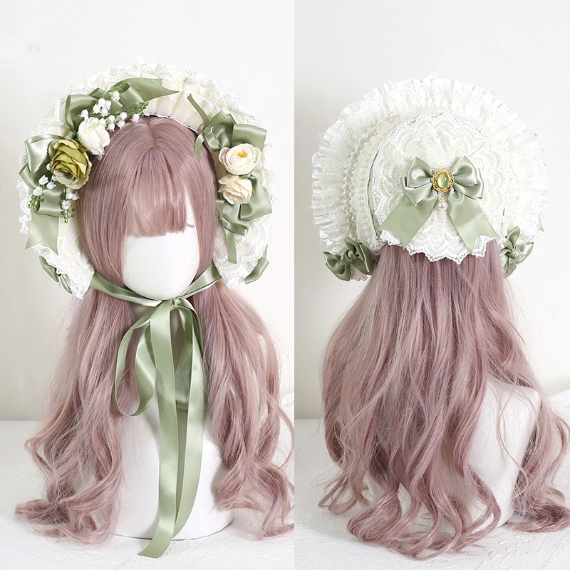 Vintage Victorian Lace Flowers Straw Hat Lolita Girl Bonnet Ruffled Cap Lace-up Adjustable