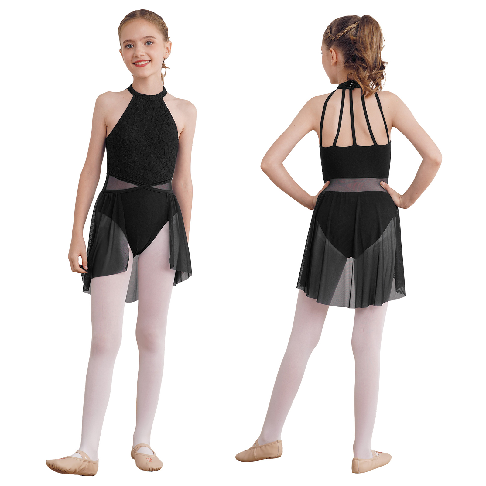 Kids Girls Sleeveless Ballet Dance Dress Lace Floral Mesh Skirted Leotard Gymnastics Modern Contemporary Lyrical Dance Clothes