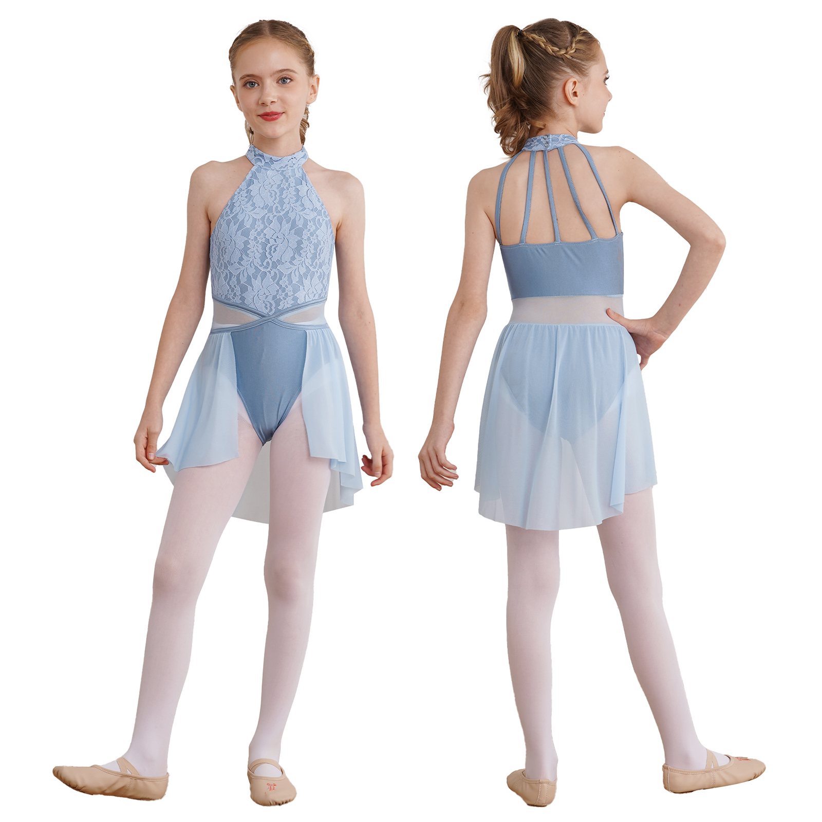 Kids Girls Sleeveless Ballet Dance Dress Lace Floral Mesh Skirted Leotard Gymnastics Modern Contemporary Lyrical Dance Clothes