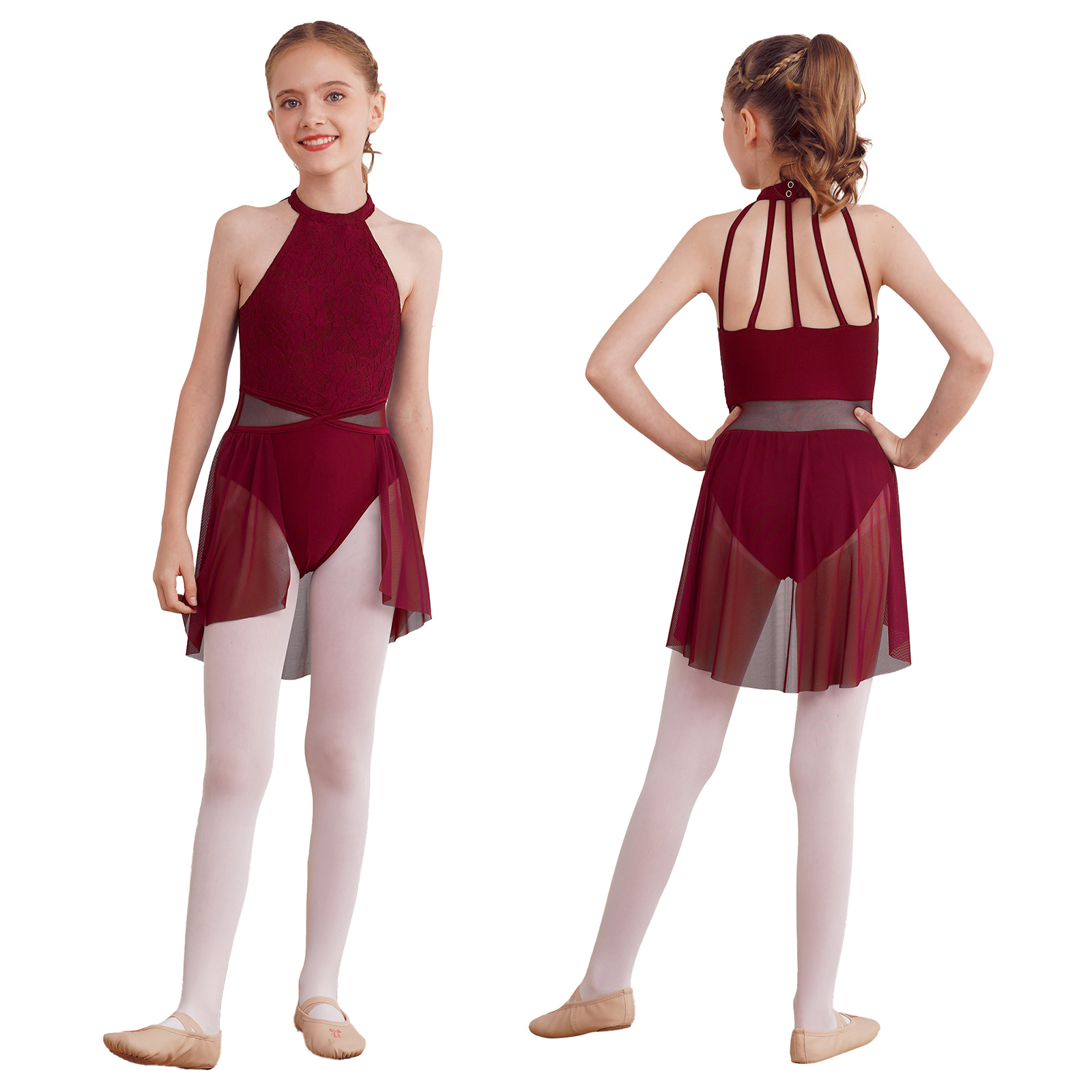 Kids Girls Sleeveless Ballet Dance Dress Lace Floral Mesh Skirted Leotard Gymnastics Modern Contemporary Lyrical Dance Clothes