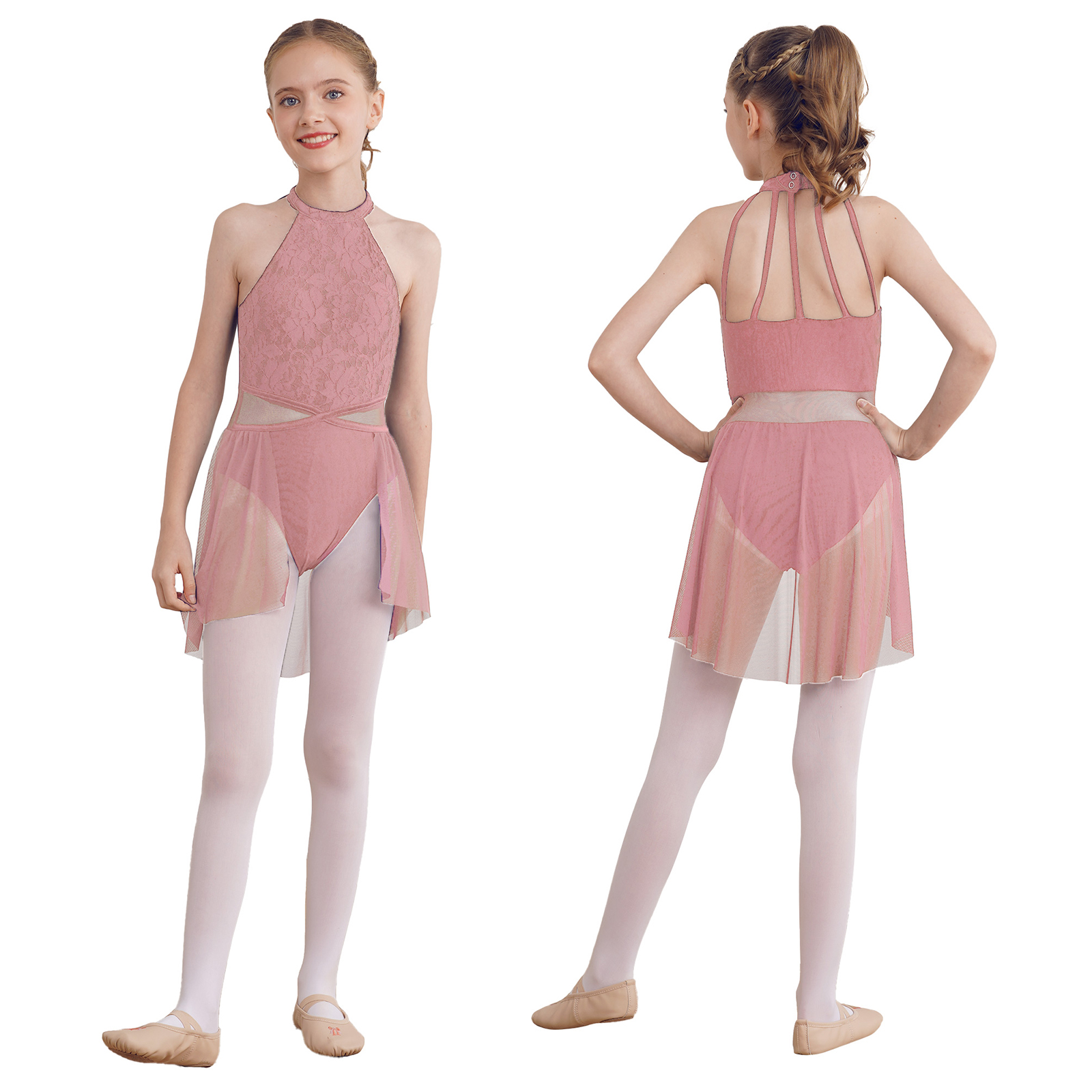 Kids Girls Sleeveless Ballet Dance Dress Lace Floral Mesh Skirted Leotard Gymnastics Modern Contemporary Lyrical Dance Clothes