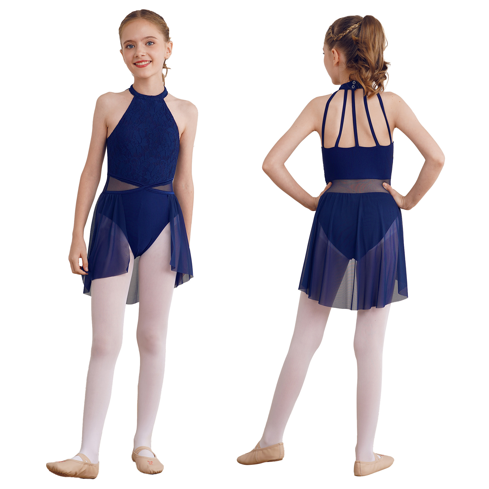 Kids Girls Sleeveless Ballet Dance Dress Lace Floral Mesh Skirted Leotard Gymnastics Modern Contemporary Lyrical Dance Clothes