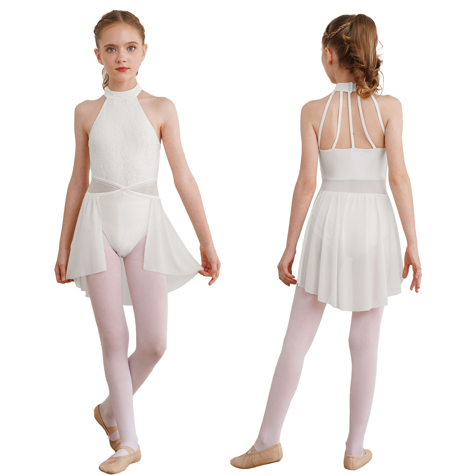 Kids Girls Sleeveless Ballet Dance Dress Lace Floral Mesh Skirted Leotard Gymnastics Modern Contemporary Lyrical Dance Clothes