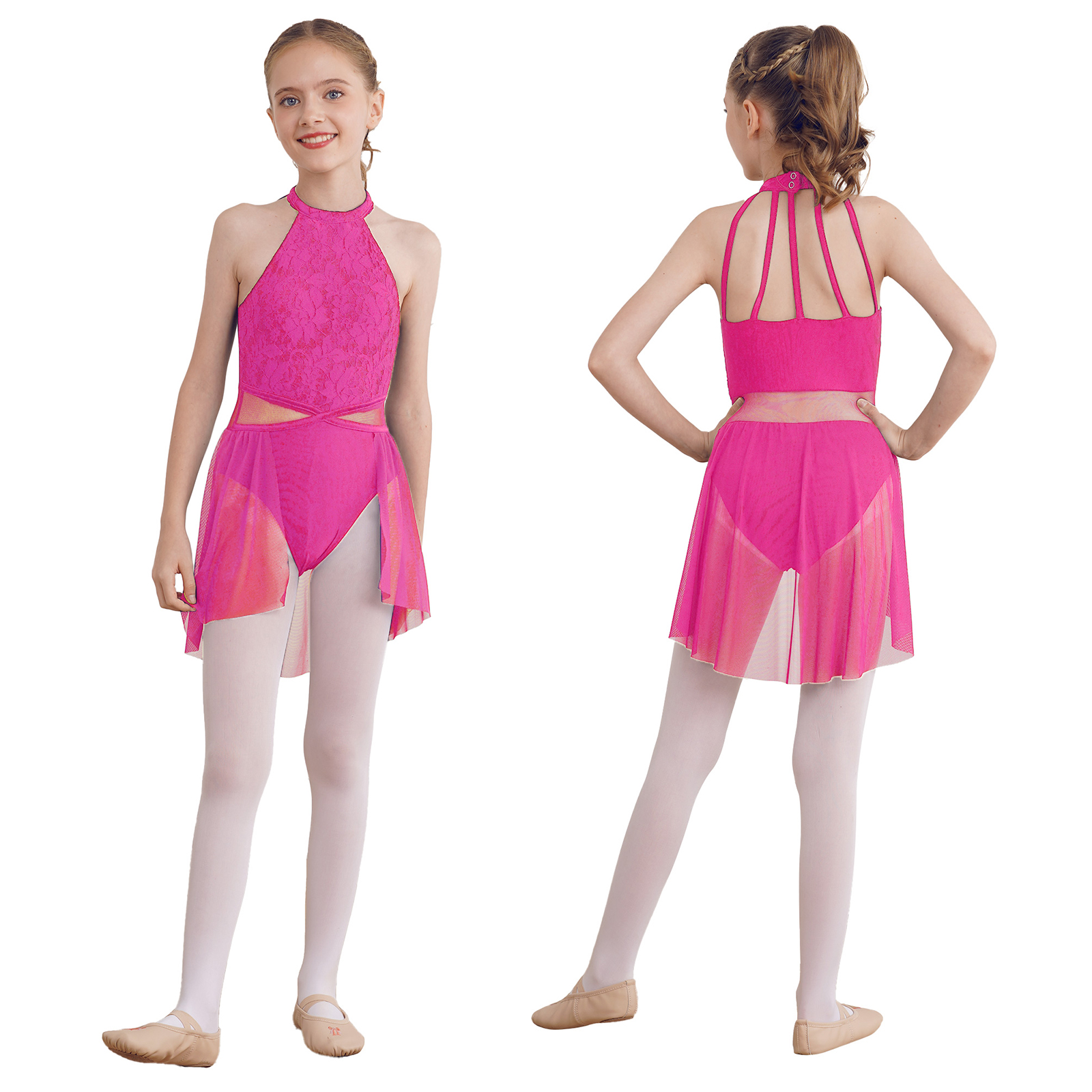 Kids Girls Sleeveless Ballet Dance Dress Lace Floral Mesh Skirted Leotard Gymnastics Modern Contemporary Lyrical Dance Clothes