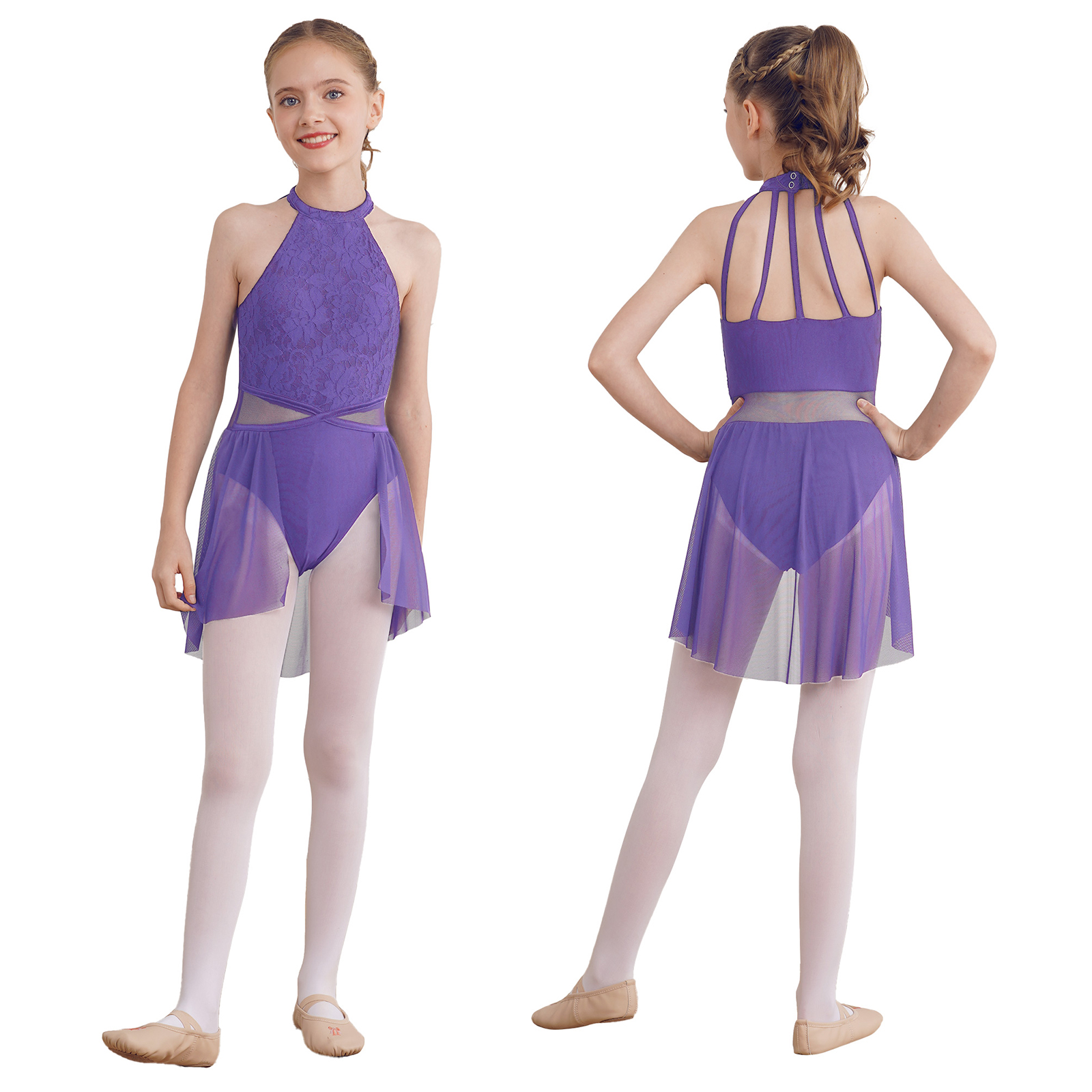 Kids Girls Sleeveless Ballet Dance Dress Lace Floral Mesh Skirted Leotard Gymnastics Modern Contemporary Lyrical Dance Clothes