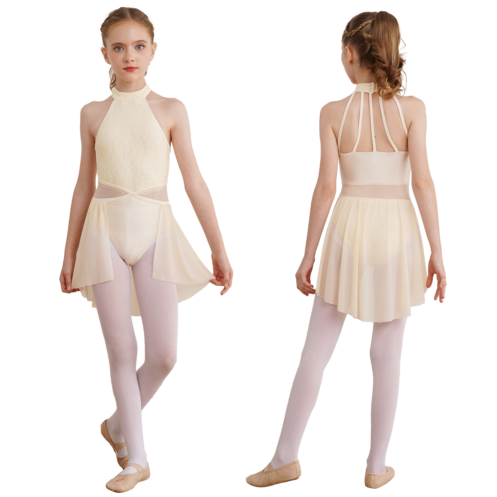Kids Girls Sleeveless Ballet Dance Dress Lace Floral Mesh Skirted Leotard Gymnastics Modern Contemporary Lyrical Dance Clothes
