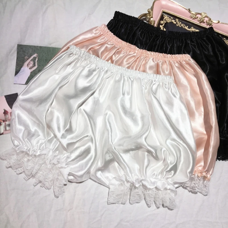 Women Girls Lolita Bloomers Ruffles Lace Trim Maid Loose Pumpkin Pants Solid Color Vintage Safety Shorts Under Skirt Panties
