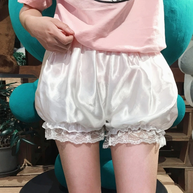 Women Girls Lolita Bloomers Ruffles Lace Trim Maid Loose Pumpkin Pants Solid Color Vintage Safety Shorts Under Skirt Panties