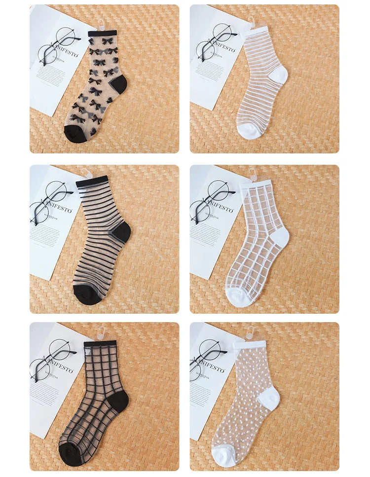 1 Pair Breathable Ultra Thin Socks Summer Women Transparent Sexy Lace Silk Crystal Black White Girls Elastic Short Socks Female