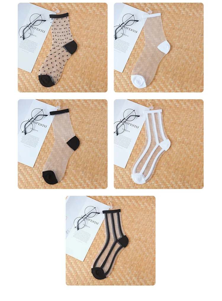 1 Pair Breathable Ultra Thin Socks Summer Women Transparent Sexy Lace Silk Crystal Black White Girls Elastic Short Socks Female