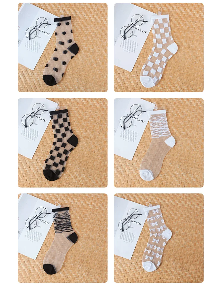 1 Pair Breathable Ultra Thin Socks Summer Women Transparent Sexy Lace Silk Crystal Black White Girls Elastic Short Socks Female