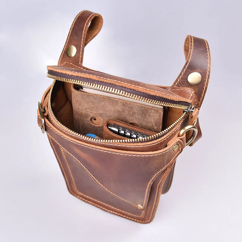 Motorcycle Bag For Men Genuine Leather Hip Belt Bag Men's Crazy Horse Waist Pack Male Hip Fanny Packs Bag Men's Phone Pouch