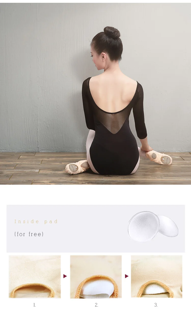 Ballet Leotards for Women Adult Mesh Splice 3/4 Sleeve Dance Bodysuit Black Gymnastics Leotards Cotton Spandex Ballet Bodysuits